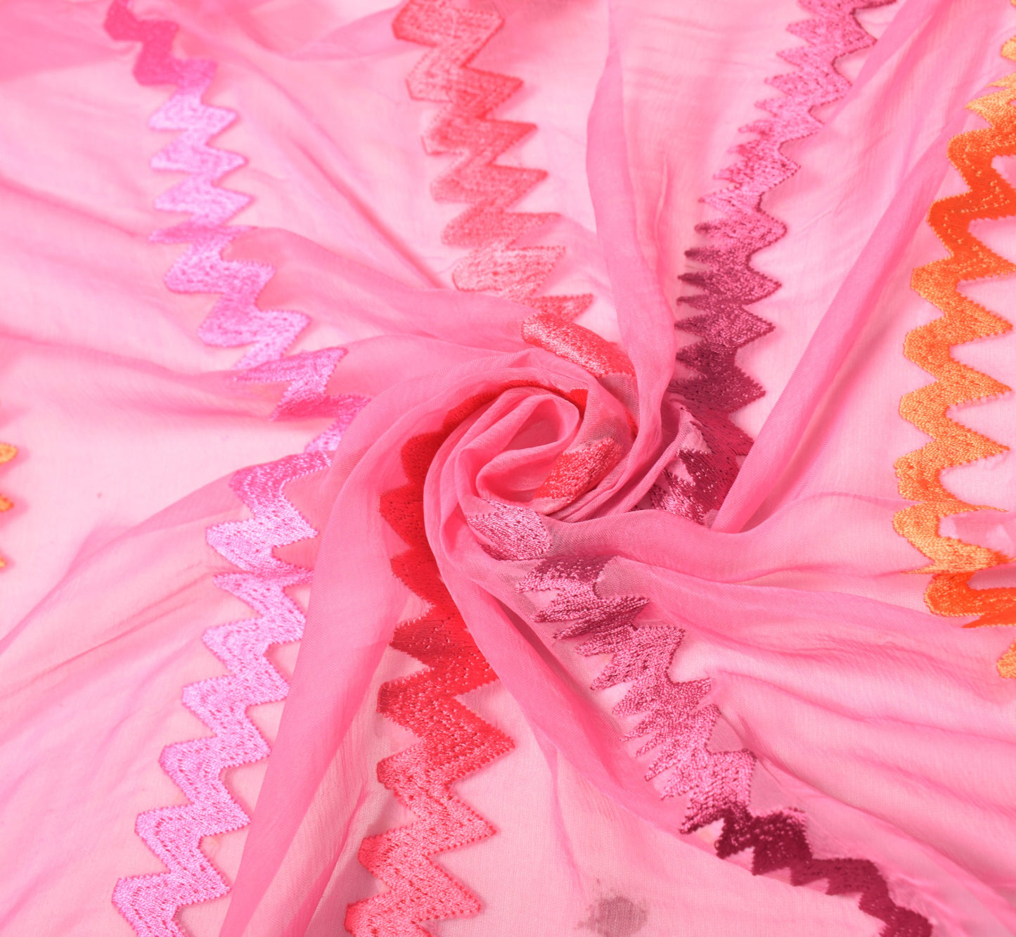 Sushila Vintage Pink Dupatta Chiffon silk Zig-Zag Embroidered Soft Long Stole