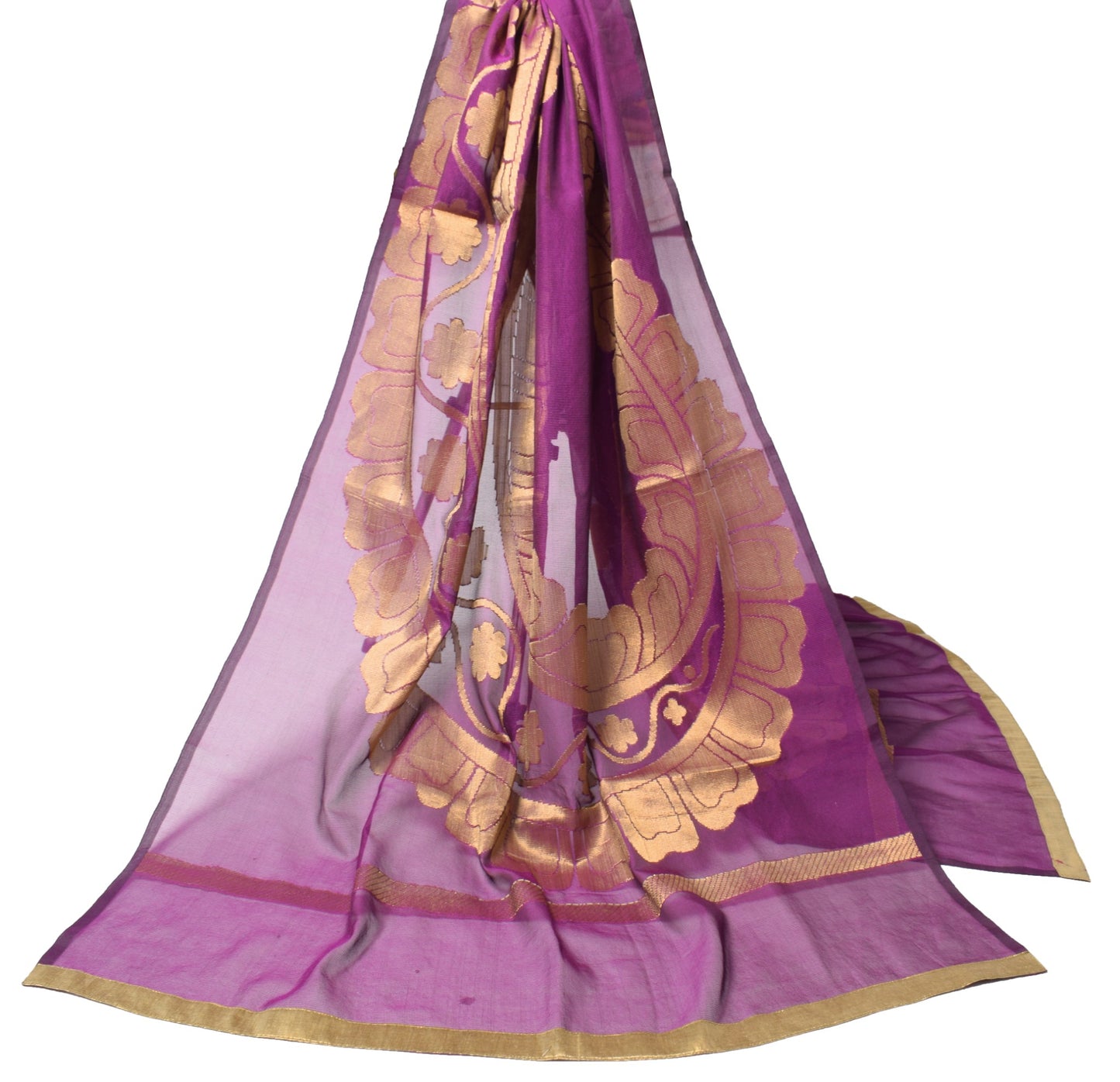 Sushila Vintage Purple Dupatta Art Cotton Silk Paisley Zari Brocade Long Stole