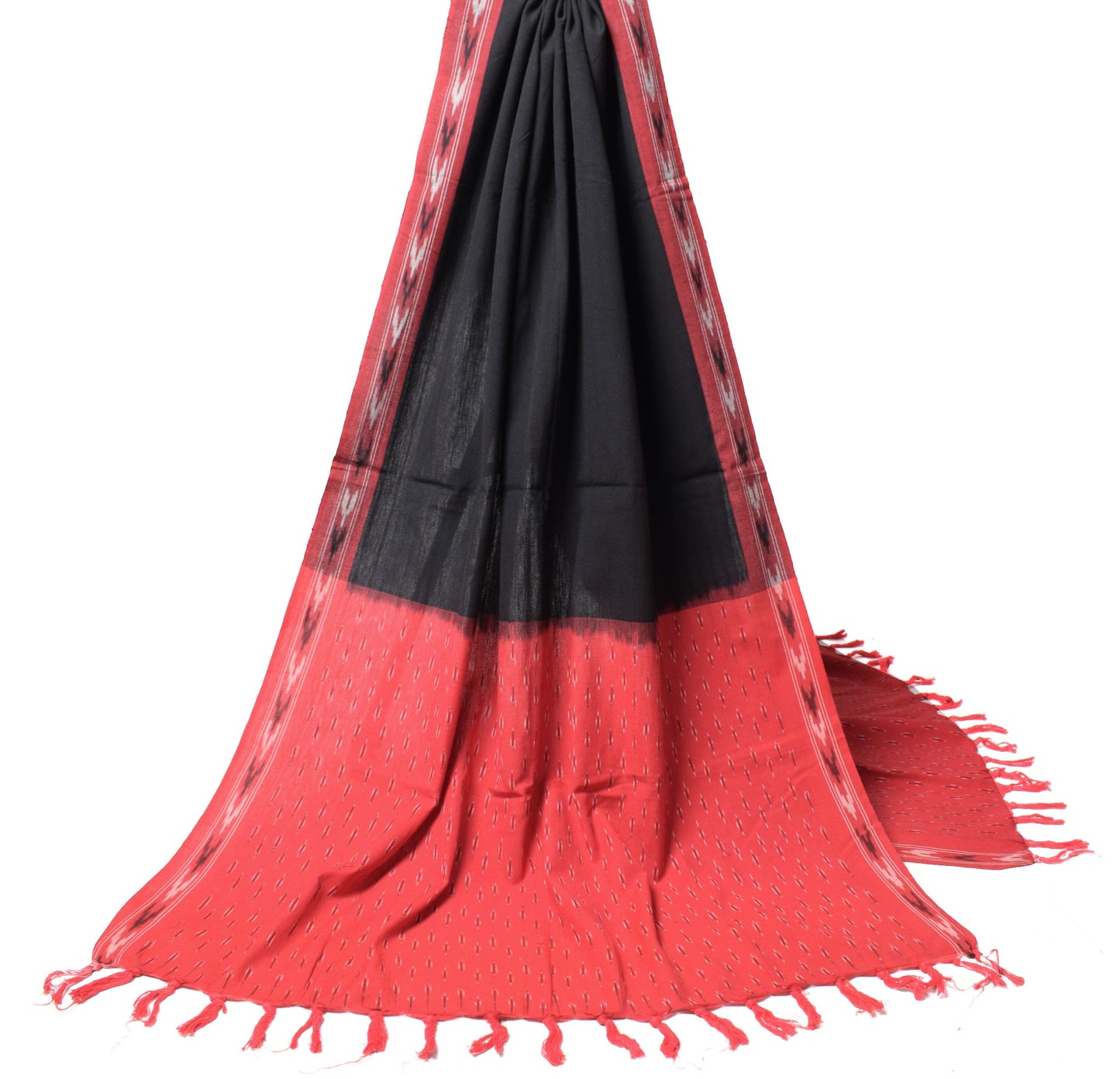 Sushila Vintage Hand Woven Ikat Dupatta Pure Cotton Black Red Long Stole