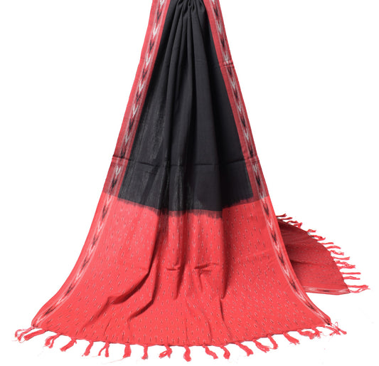 Sushila Vintage Hand Woven Ikat Dupatta Pure Cotton Black Red Long Stole