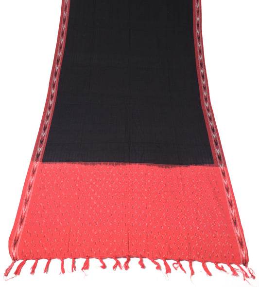Sushila Vintage Hand Woven Ikat Dupatta Pure Cotton Black Red Long Stole