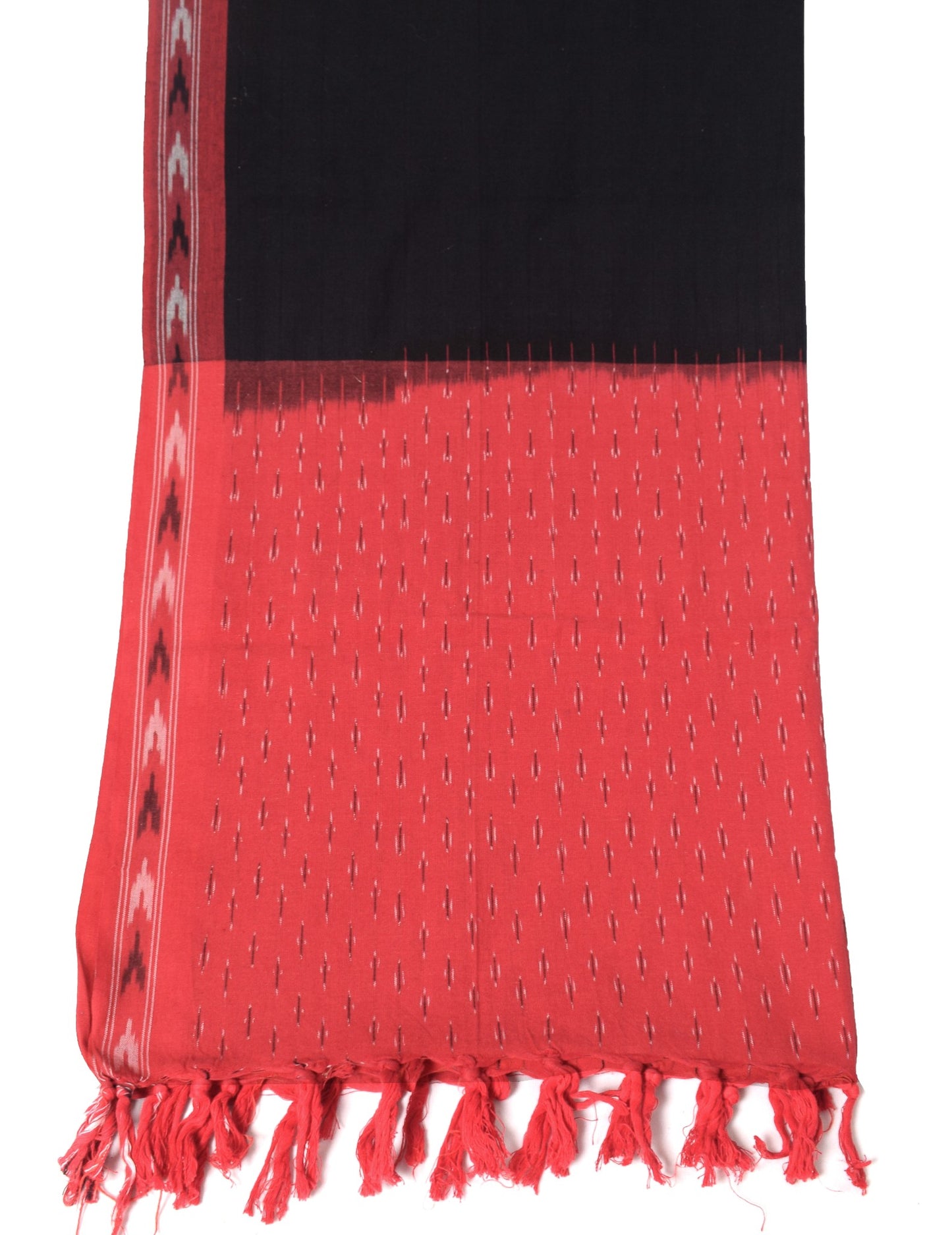 Sushila Vintage Hand Woven Ikat Dupatta Pure Cotton Black Red Long Stole