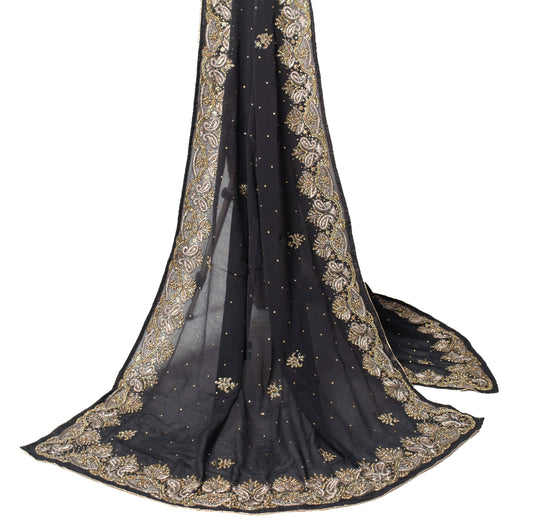 Sushila Vintage Black Dupatta HEAVY Black Stone Work Pure Chiffon Long Stole