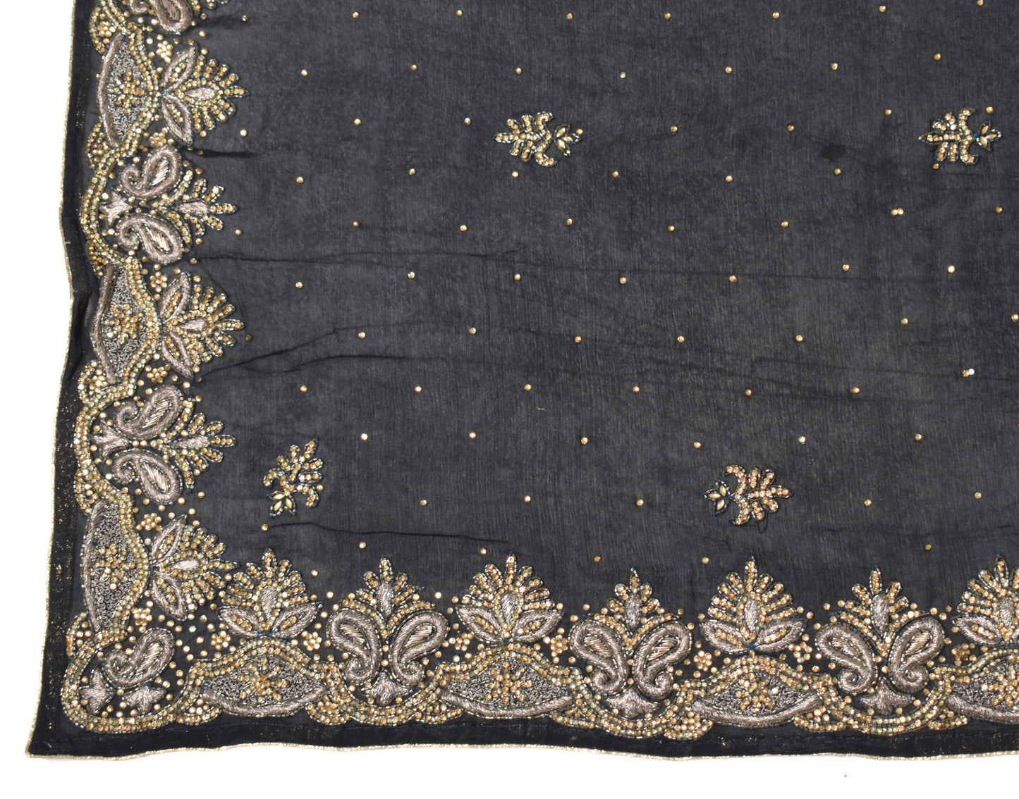 Sushila Vintage Black Dupatta HEAVY Black Stone Work Pure Chiffon Long Stole