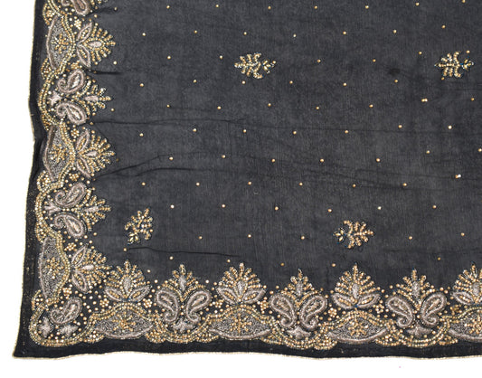 Sushila Vintage Black Dupatta HEAVY Black Stone Work Pure Chiffon Long Stole