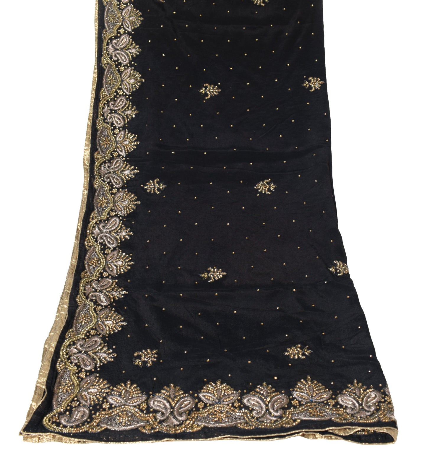 Sushila Vintage Black Dupatta HEAVY Black Stone Work Pure Chiffon Long Stole