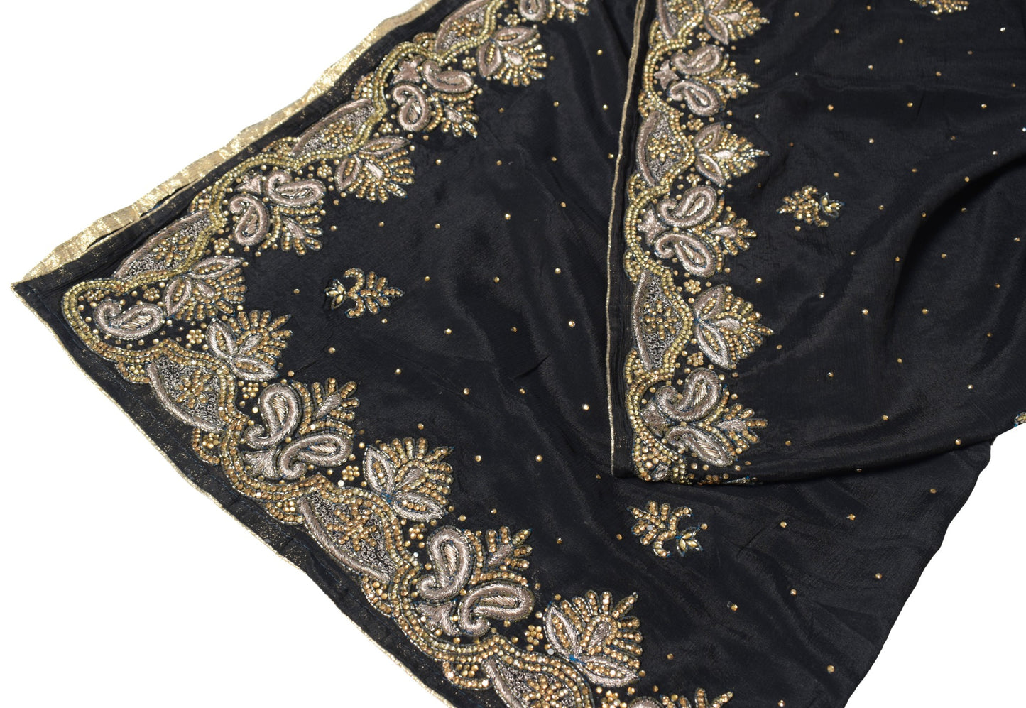 Sushila Vintage Black Dupatta HEAVY Black Stone Work Pure Chiffon Long Stole