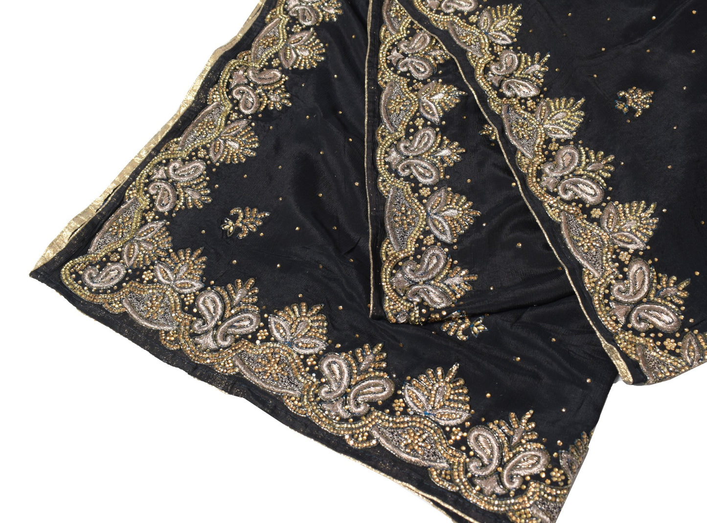 Sushila Vintage Black Dupatta HEAVY Black Stone Work Pure Chiffon Long Stole