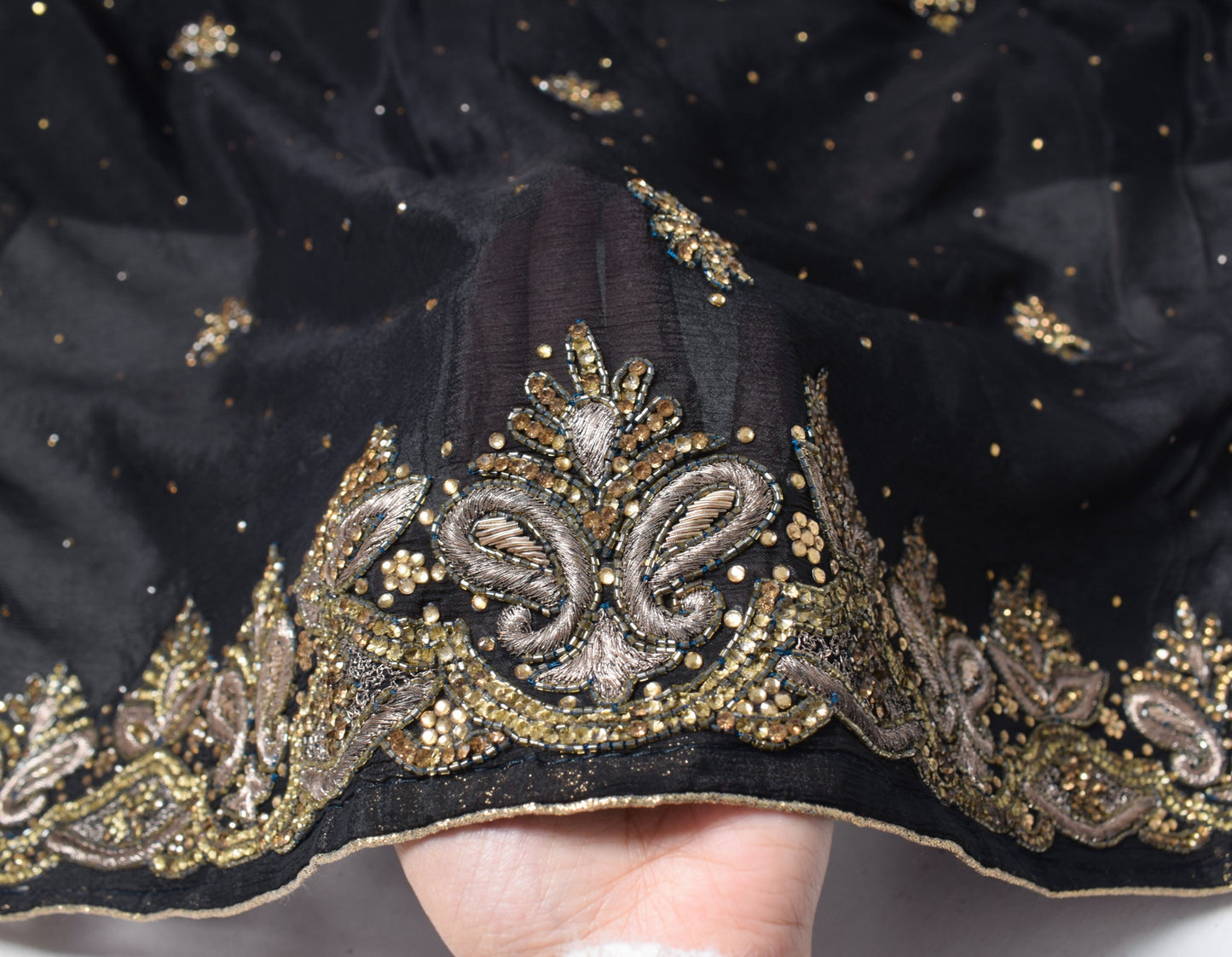 Sushila Vintage Black Dupatta HEAVY Black Stone Work Pure Chiffon Long Stole