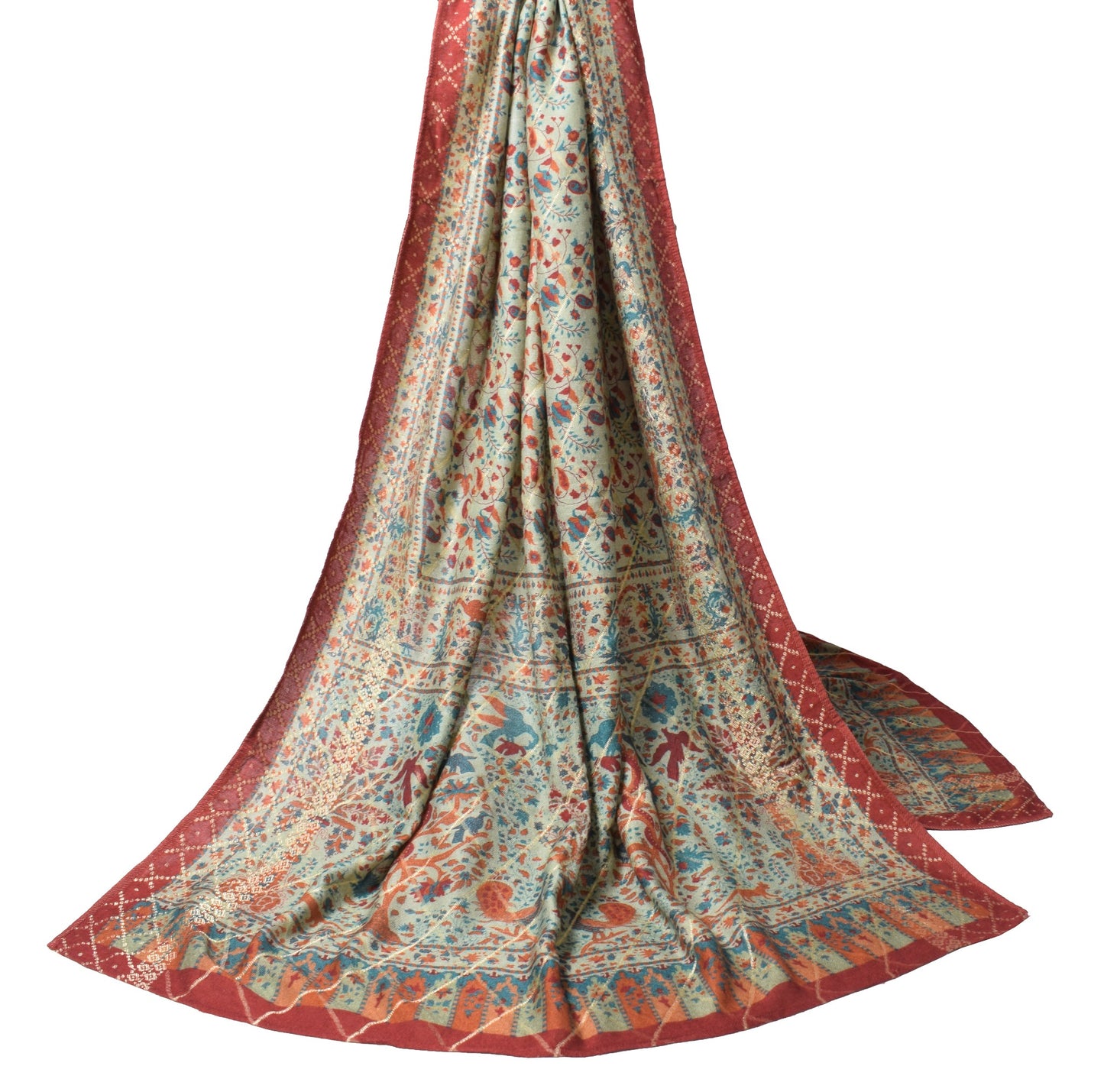 Sushila Vintage Pure Woolen Dupatta Printed & Woven Paisley Green Warm LongStole