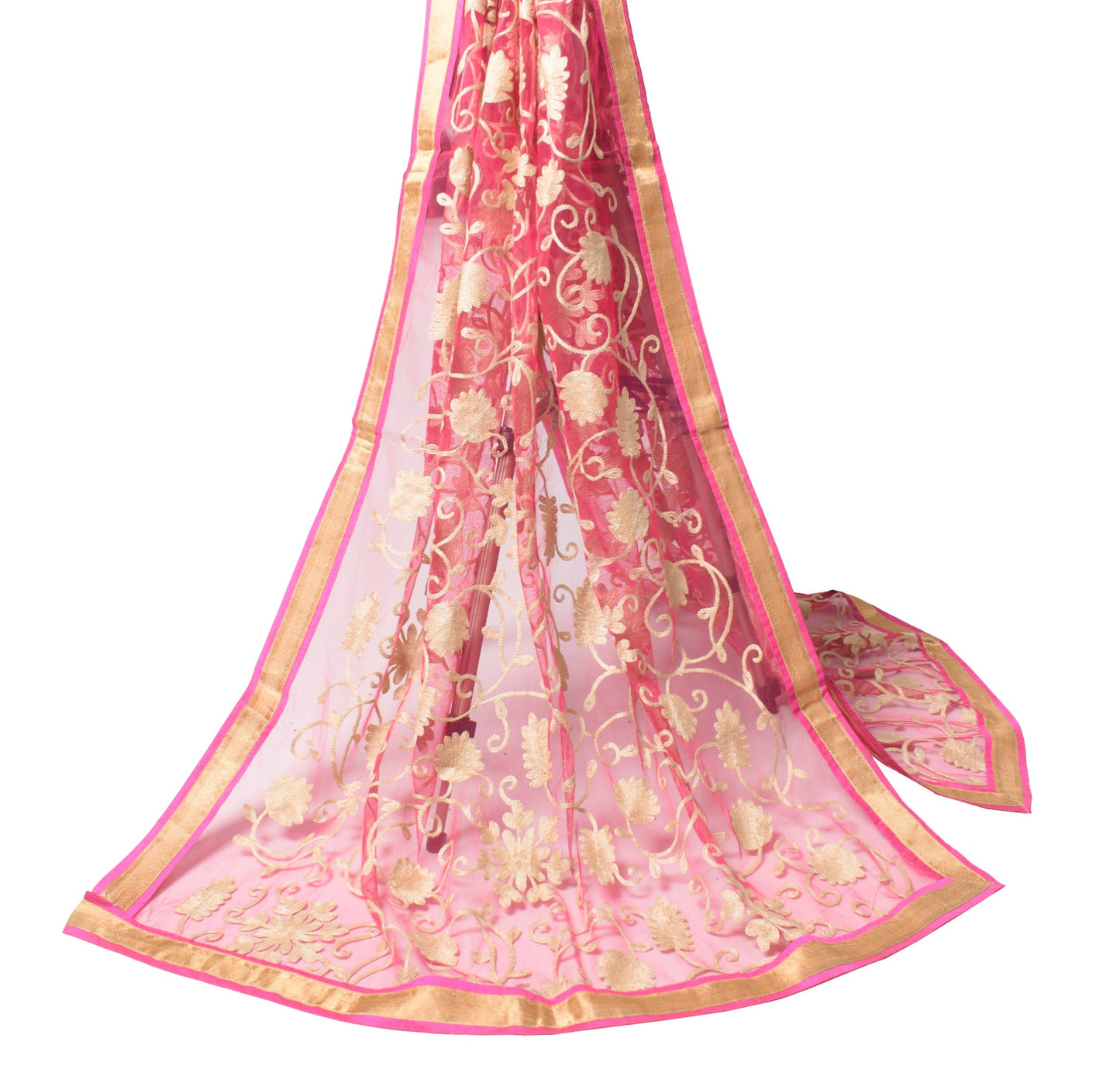 Sushila Vintage Pink Net Mesh Dupatta Floral Embroidered Woven Border Long Stole