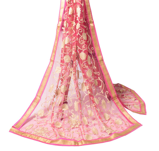 Sushila Vintage Pink Net Mesh Dupatta Floral Embroidered Woven Border Long Stole