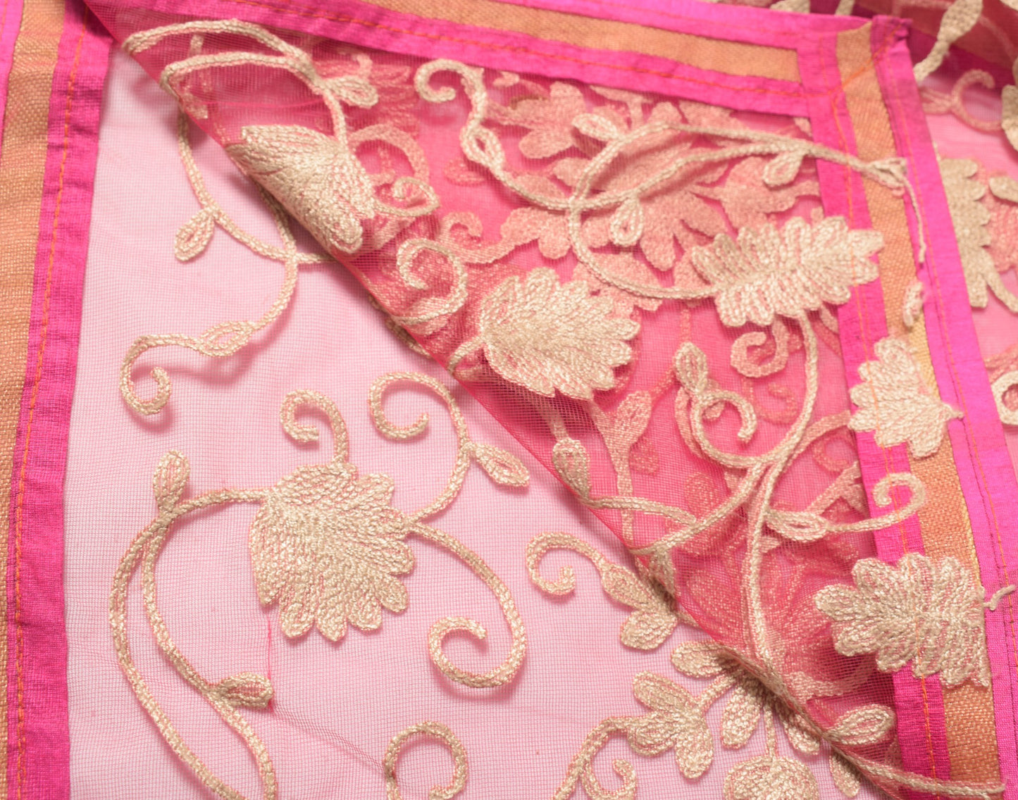Sushila Vintage Pink Net Mesh Dupatta Floral Embroidered Woven Border Long Stole