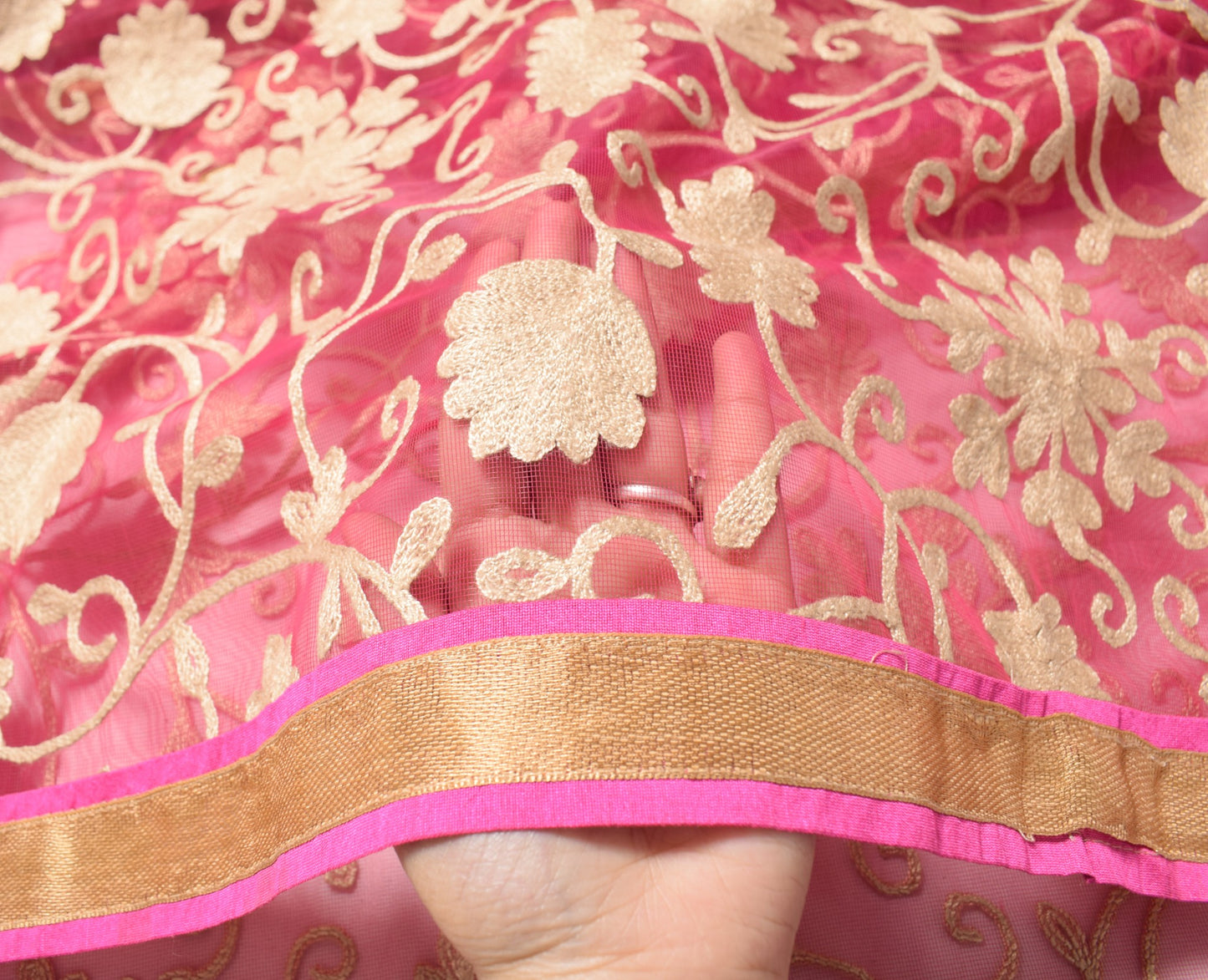 Sushila Vintage Pink Net Mesh Dupatta Floral Embroidered Woven Border Long Stole