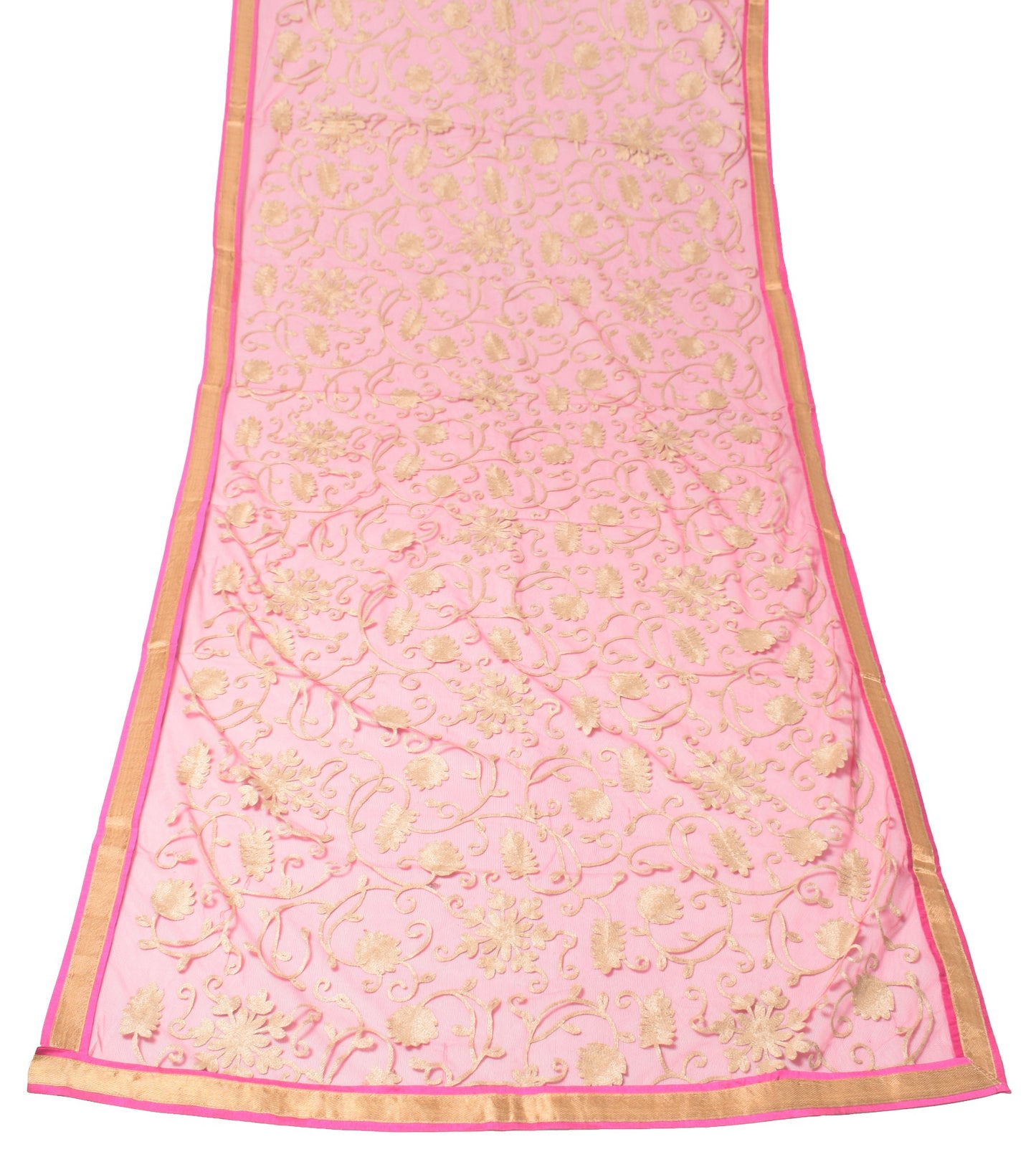 Sushila Vintage Pink Net Mesh Dupatta Floral Embroidered Woven Border Long Stole
