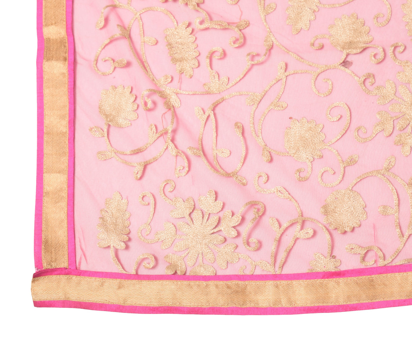 Sushila Vintage Pink Net Mesh Dupatta Floral Embroidered Woven Border Long Stole