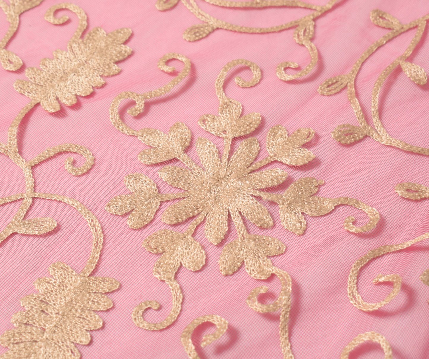 Sushila Vintage Pink Net Mesh Dupatta Floral Embroidered Woven Border Long Stole