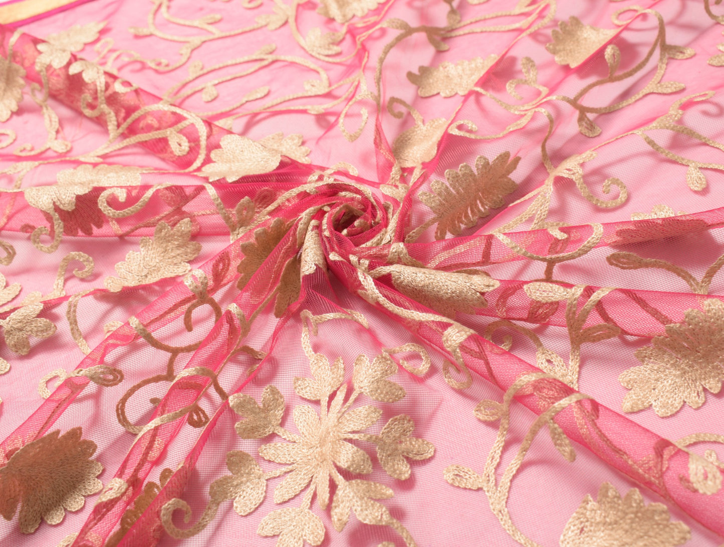 Sushila Vintage Pink Net Mesh Dupatta Floral Embroidered Woven Border Long Stole