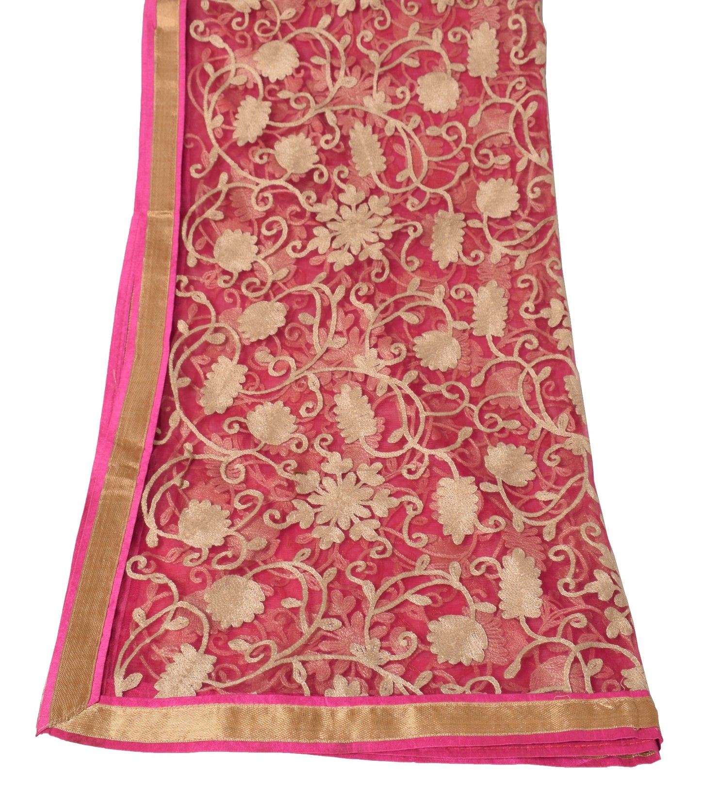 Sushila Vintage Pink Net Mesh Dupatta Floral Embroidered Woven Border Long Stole