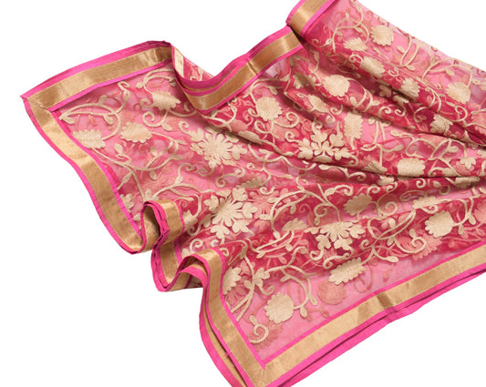 Sushila Vintage Pink Net Mesh Dupatta Floral Embroidered Woven Border Long Stole