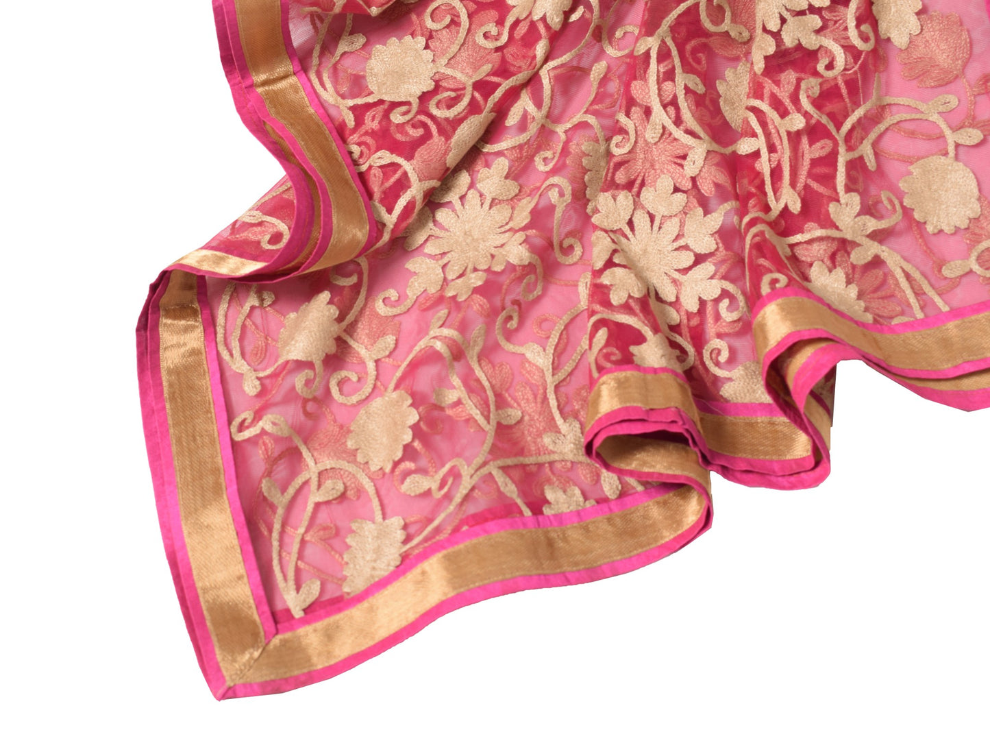 Sushila Vintage Pink Net Mesh Dupatta Floral Embroidered Woven Border Long Stole