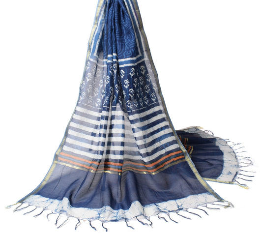 Sushila Vintage Batik Printed Dupatta Pure Cotton Silk Blue Long Stole Veil Wrap