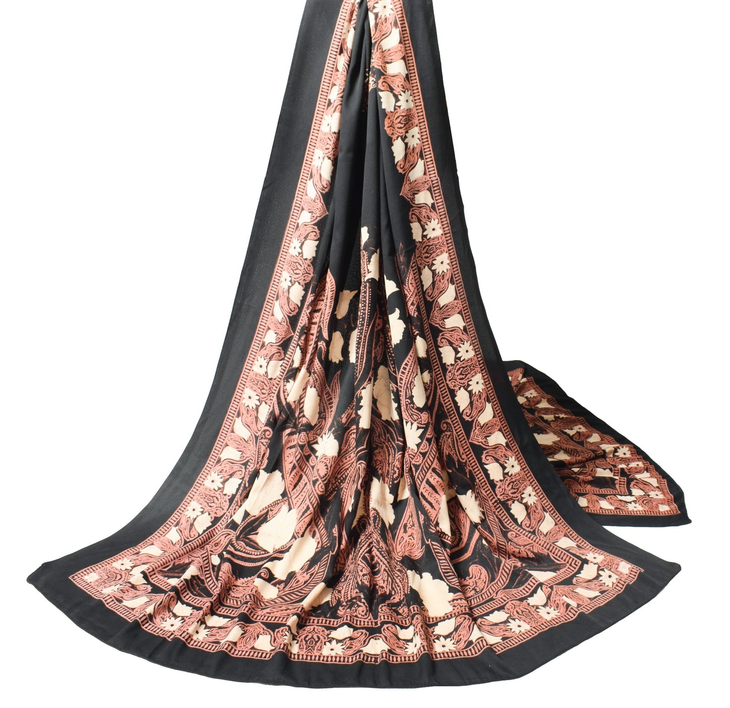 Sushila Vintage Art Silk Dupatta Floral Printed Black Soft Long Stole Hijab Wrap