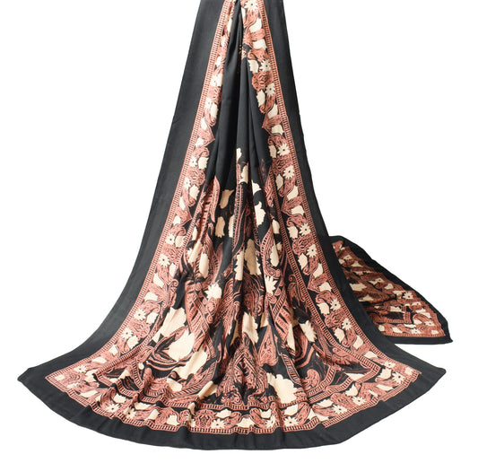 Sushila Vintage Art Silk Dupatta Floral Printed Black Soft Long Stole Hijab Wrap