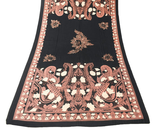 Sushila Vintage Art Silk Dupatta Floral Printed Black Soft Long Stole Hijab Wrap