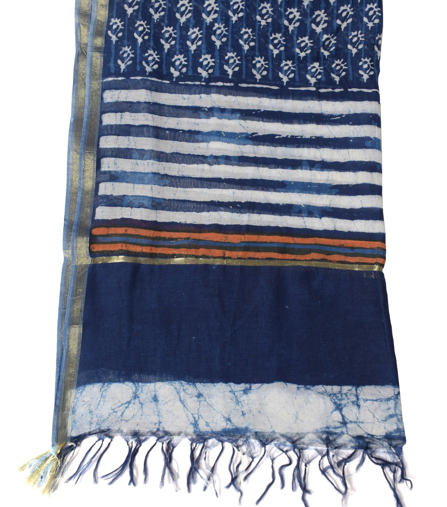 Sushila Vintage Batik Printed Dupatta Pure Cotton Silk Blue Long Stole Veil Wrap
