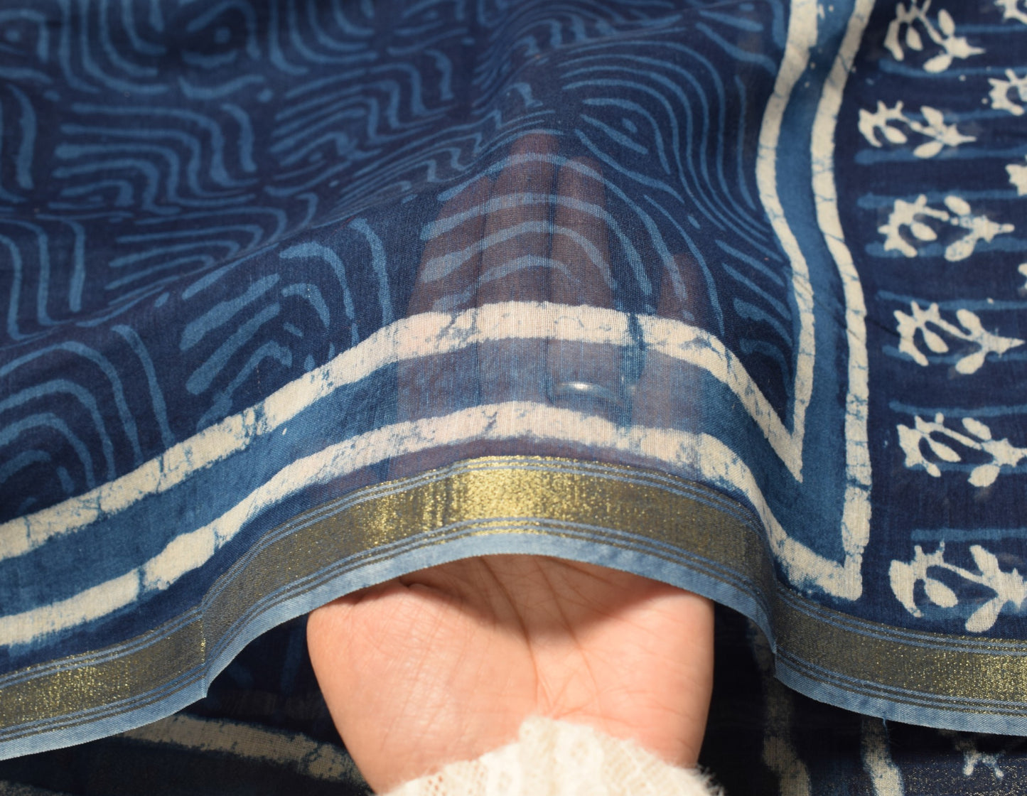 Sushila Vintage Batik Printed Dupatta Pure Cotton Silk Blue Long Stole Veil Wrap