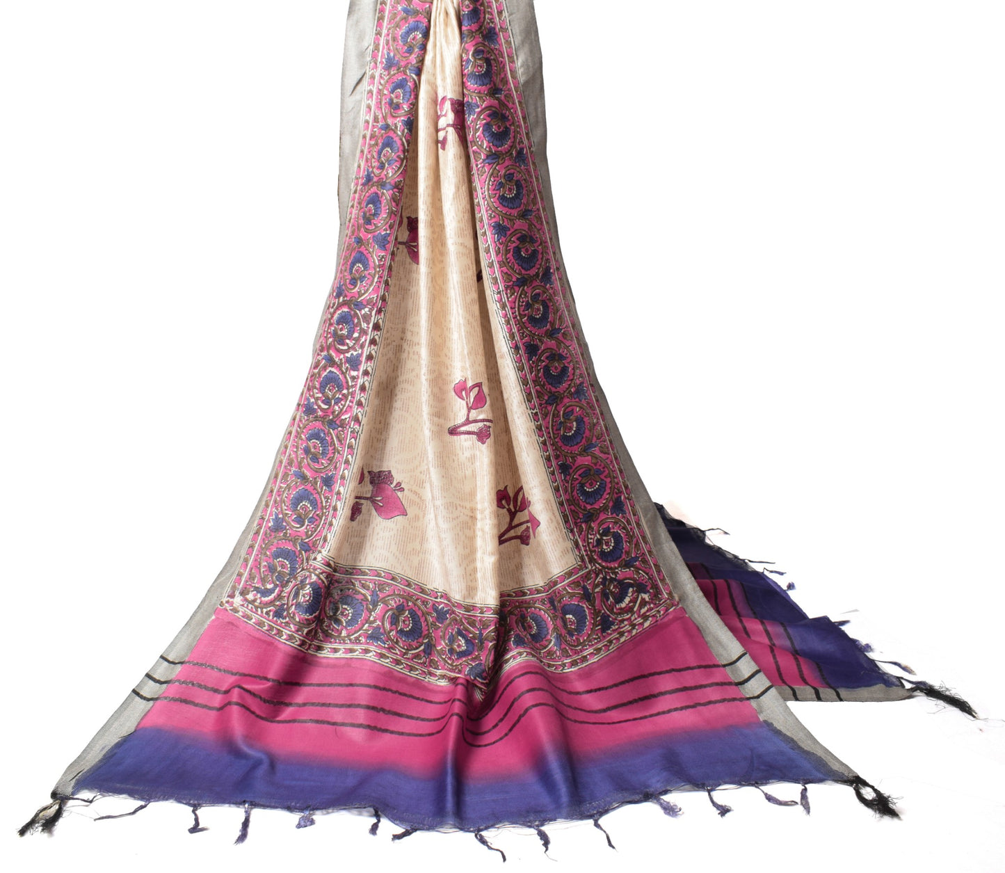 Sushila Vintage Cream Floral Dupatta Pure Woolen Hand Printed Warm Long Stole