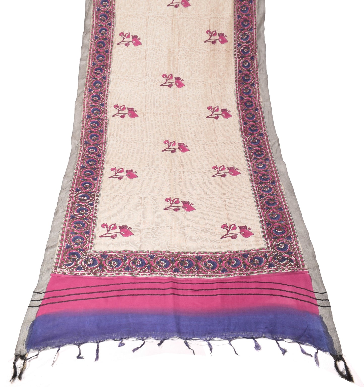 Sushila Vintage Cream Floral Dupatta Pure Woolen Hand Printed Warm Long Stole
