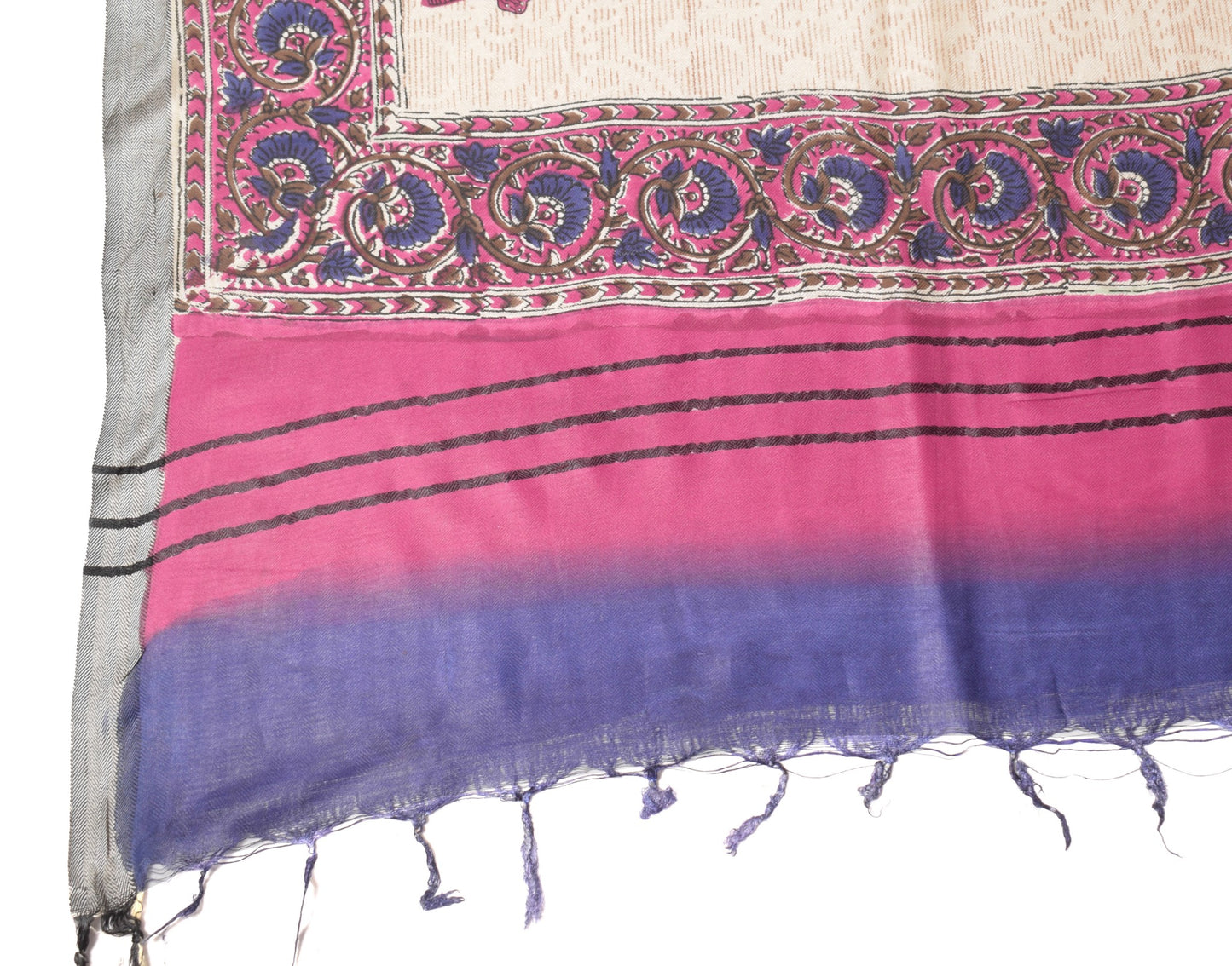 Sushila Vintage Cream Floral Dupatta Pure Woolen Hand Printed Warm Long Stole