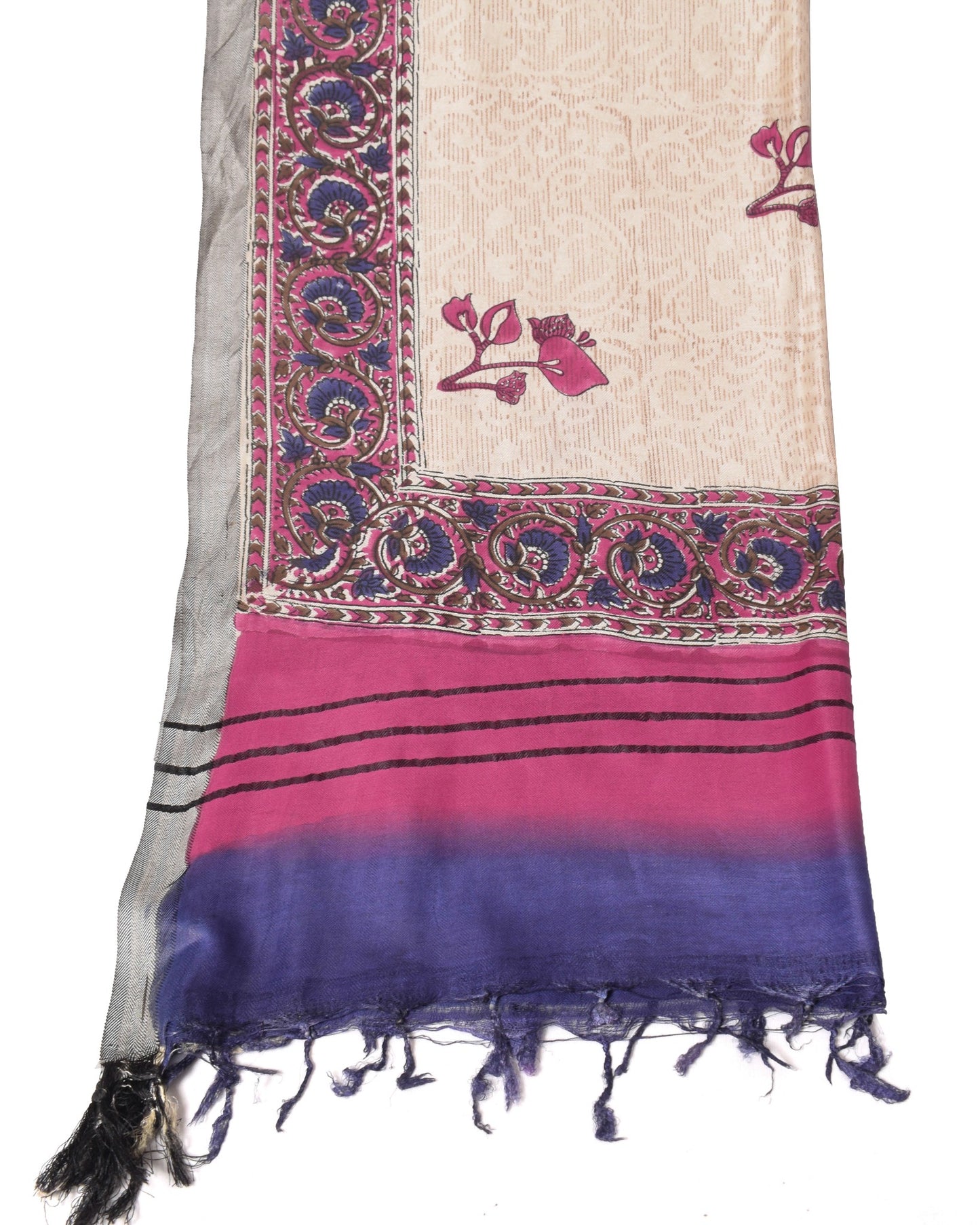 Sushila Vintage Cream Floral Dupatta Pure Woolen Hand Printed Warm Long Stole