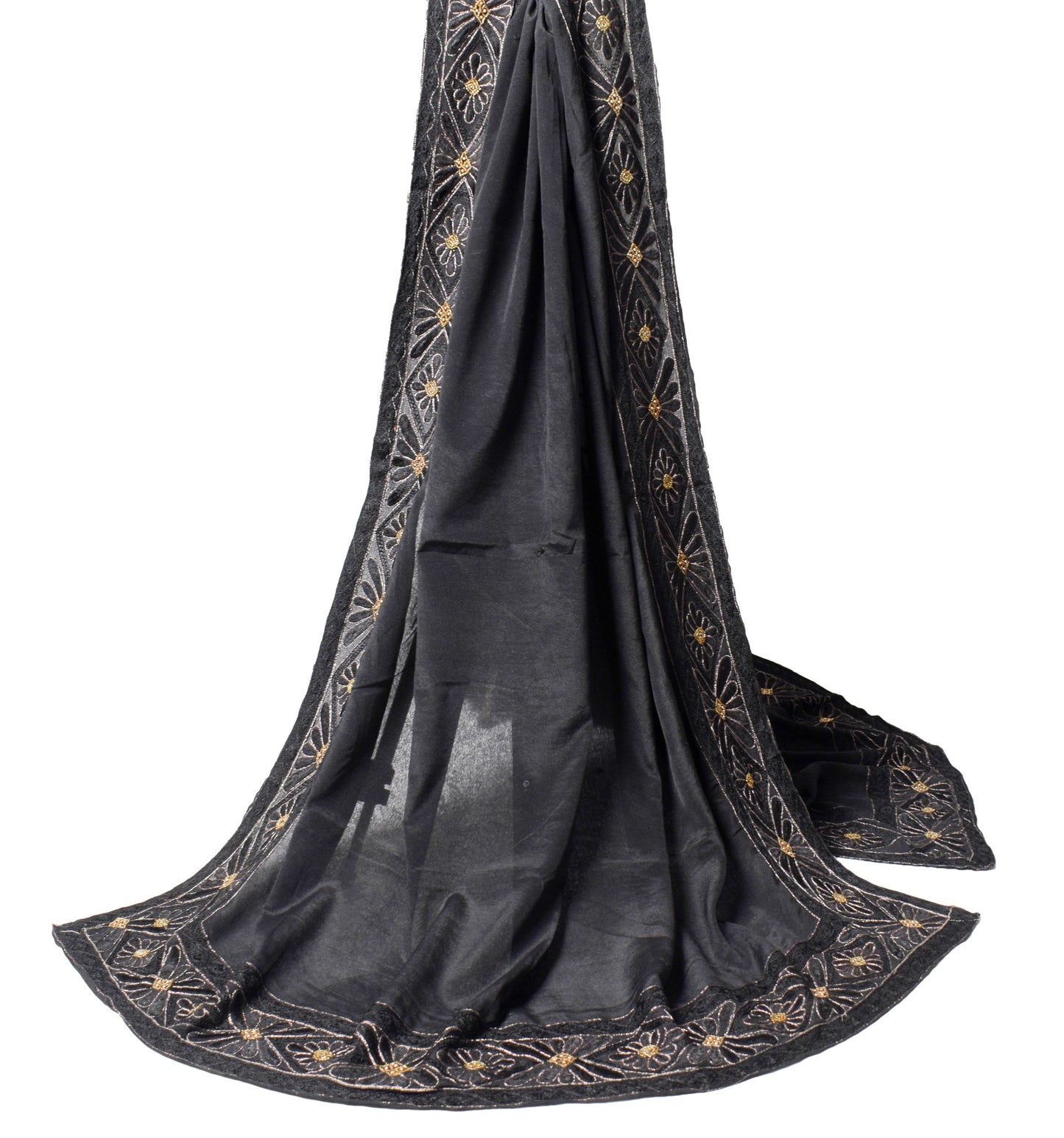 Sushila Vintage Hand Embroidered Dupatta 100% Pure Silk Black Long Stole Wrap