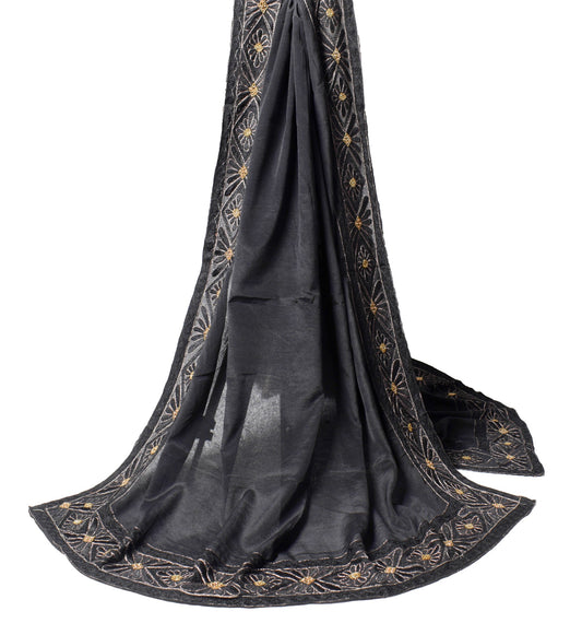 Sushila Vintage Hand Embroidered Dupatta 100% Pure Silk Black Long Stole Wrap