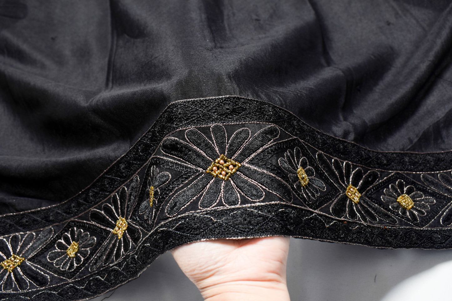 Sushila Vintage Hand Embroidered Dupatta 100% Pure Silk Black Long Stole Wrap