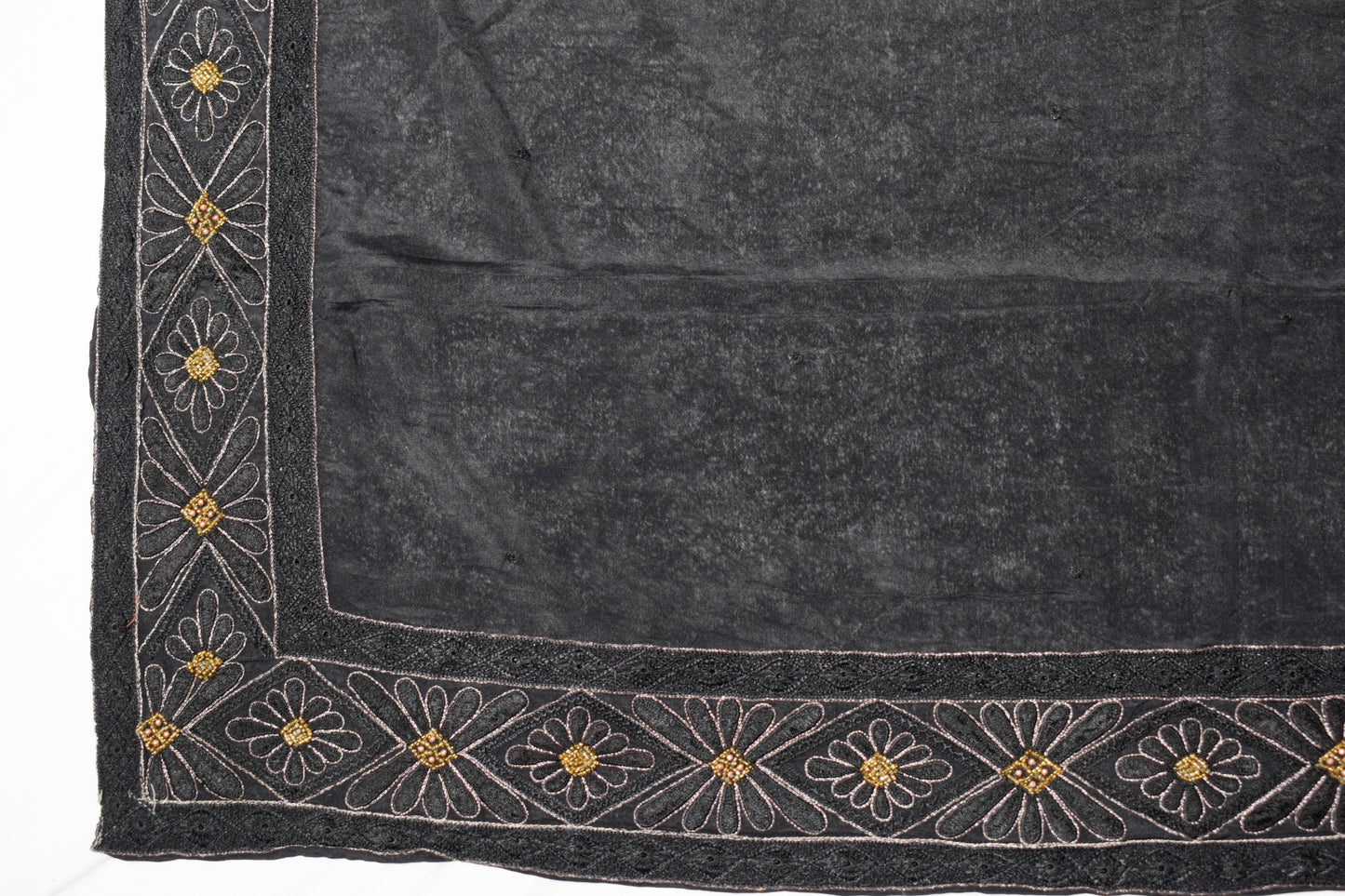 Sushila Vintage Hand Embroidered Dupatta 100% Pure Silk Black Long Stole Wrap