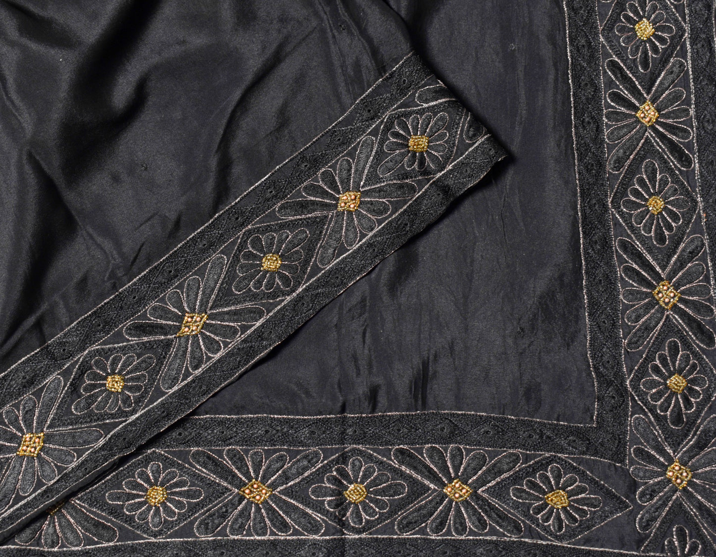 Sushila Vintage Hand Embroidered Dupatta 100% Pure Silk Black Long Stole Wrap
