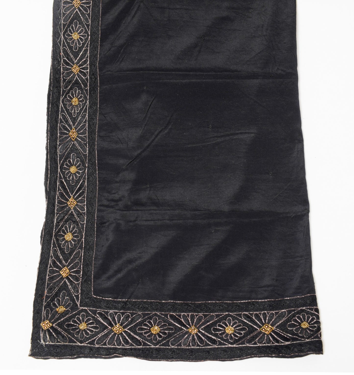 Sushila Vintage Hand Embroidered Dupatta 100% Pure Silk Black Long Stole Wrap