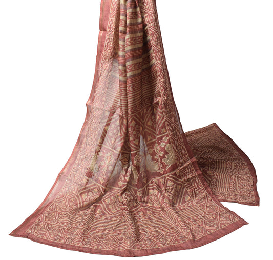 Sushila Vintage Brown Dupatta Stripes Print Handmade Kantha Art Silk Long Stole