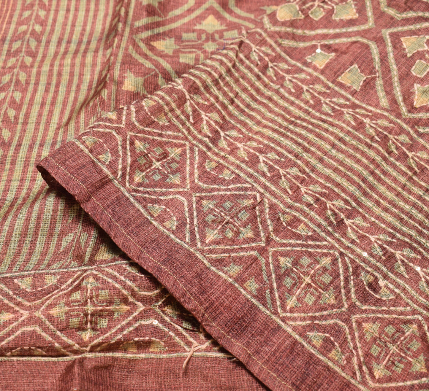Sushila Vintage Brown Dupatta Stripes Print Handmade Kantha Art Silk Long Stole