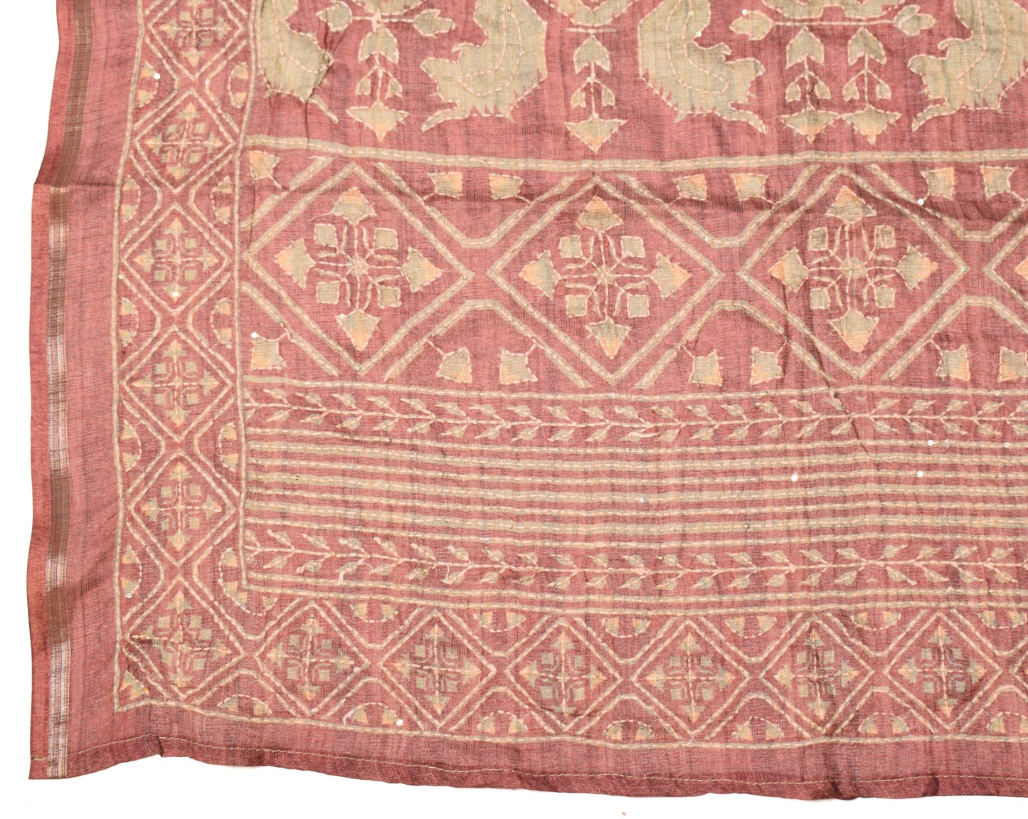 Sushila Vintage Brown Dupatta Stripes Print Handmade Kantha Art Silk Long Stole