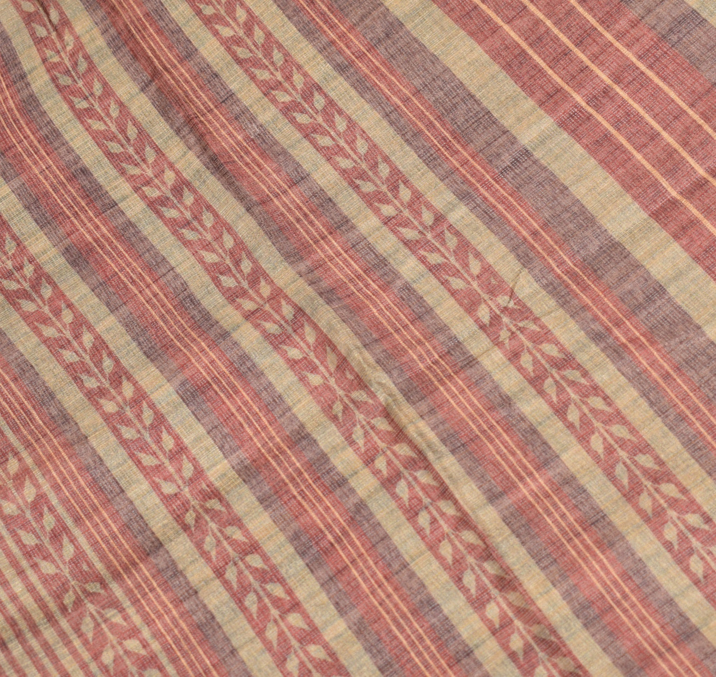 Sushila Vintage Brown Dupatta Stripes Print Handmade Kantha Art Silk Long Stole