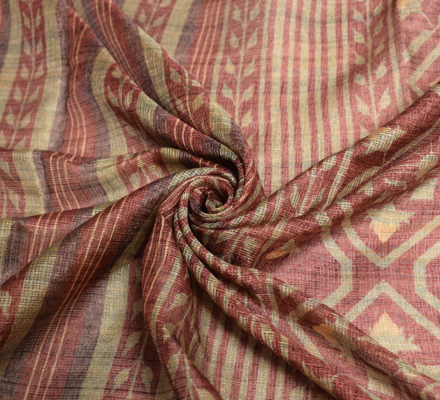 Sushila Vintage Brown Dupatta Stripes Print Handmade Kantha Art Silk Long Stole