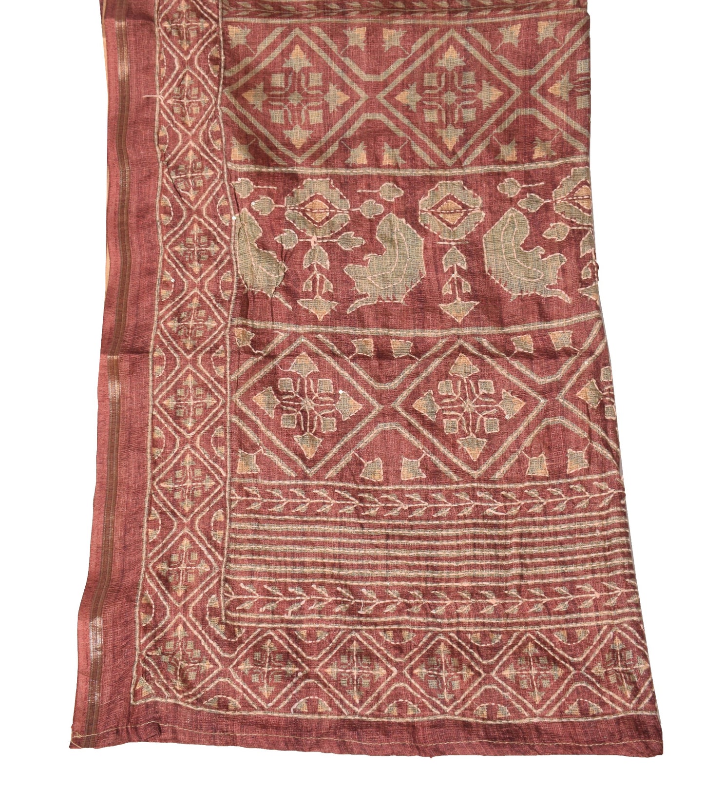 Sushila Vintage Brown Dupatta Stripes Print Handmade Kantha Art Silk Long Stole