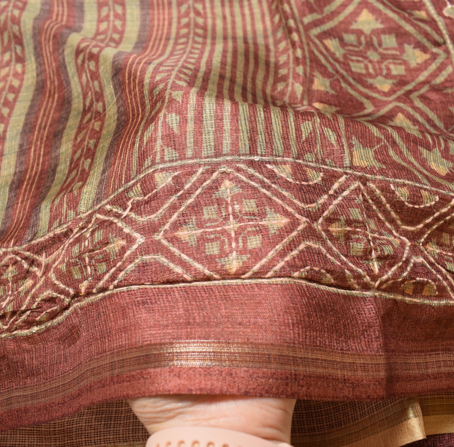 Sushila Vintage Brown Dupatta Stripes Print Handmade Kantha Art Silk Long Stole
