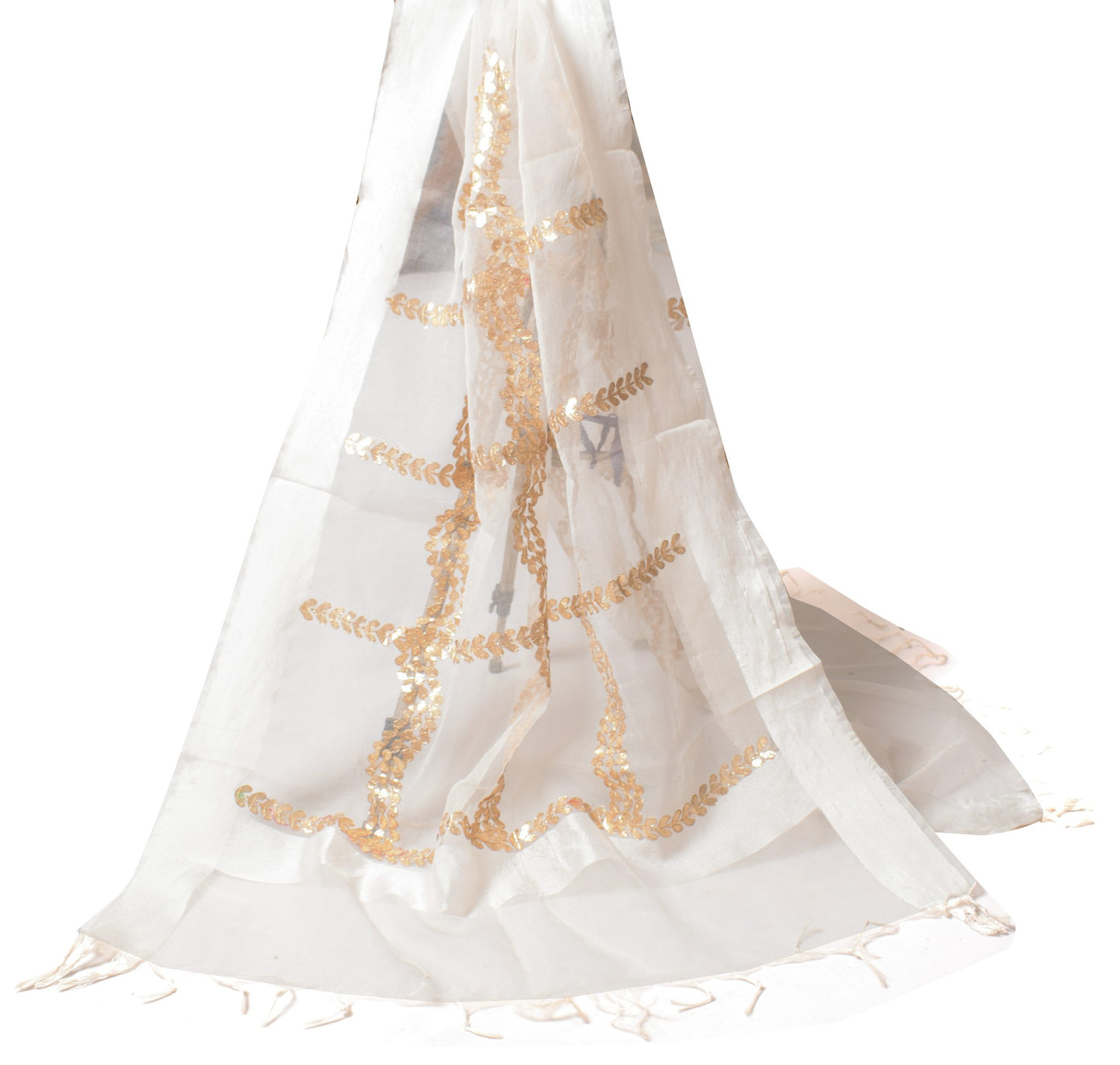 Sushila Vintage White Dupatta Gold Floral Embroidery Art Organza Silk Long Stole