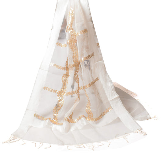 Sushila Vintage White Dupatta Gold Floral Embroidery Art Organza Silk Long Stole
